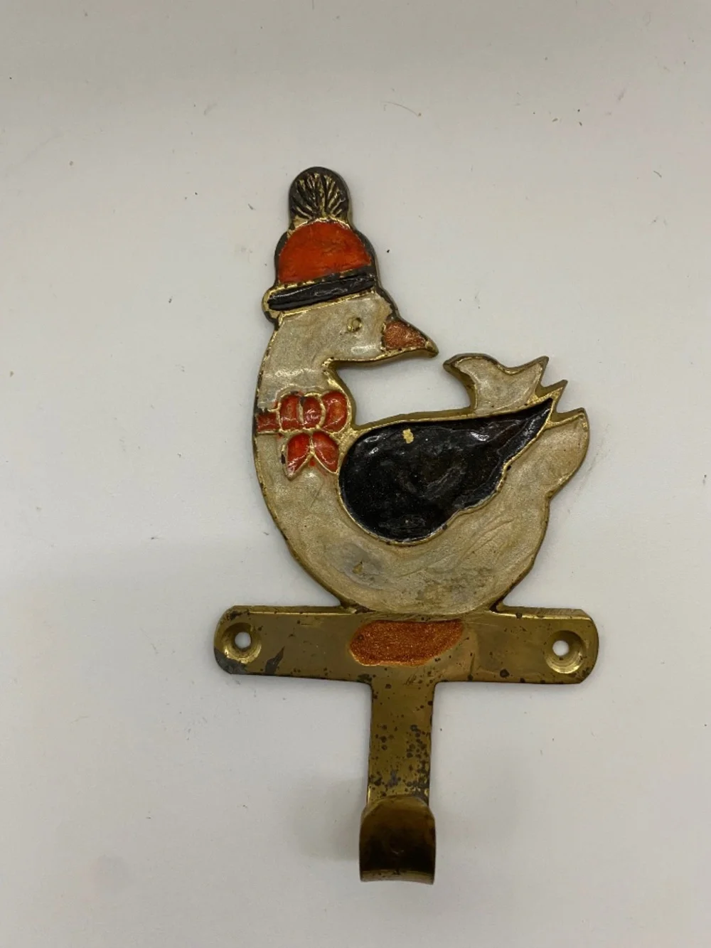 Vintage German Solid Brass And Enamel Fairytale Duck Hook